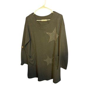 Pistache Womens Black Long Sleeve Star Sequin Tunic Top M‎ Made In Italy